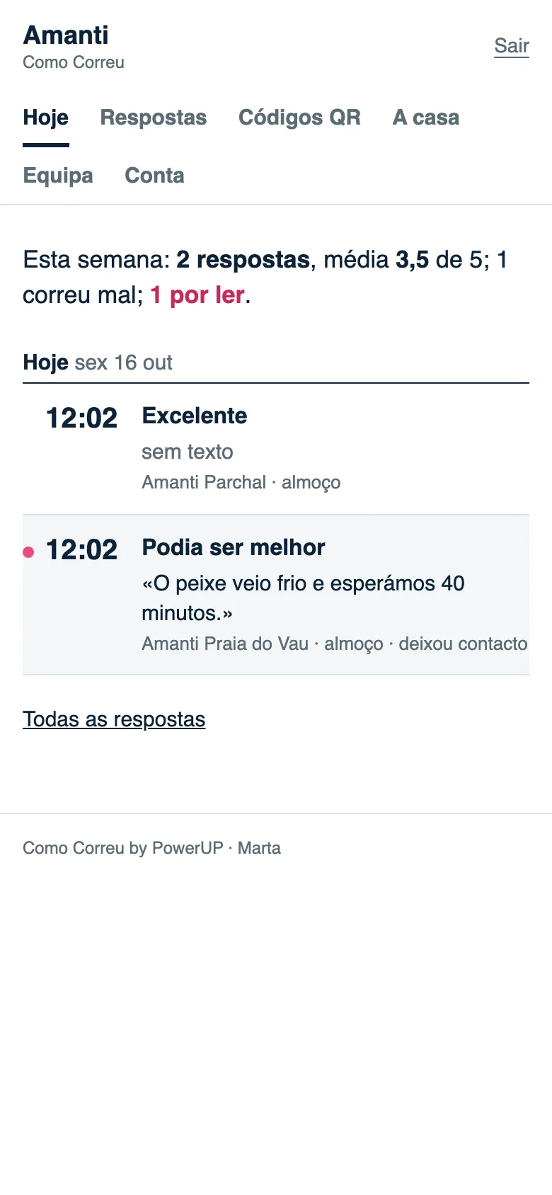 A gestão no telemóvel: «Esta semana: 2 respostas, média 3,5; 1 por ler» e o livro de hoje, com a hora, a nota e a frase de cada cliente.